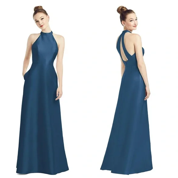 NWT Alfred Sung Dusk Blue Bridesmaid Sateen Full Length High Neck Twill Dress 4 - Picture 11 of 12